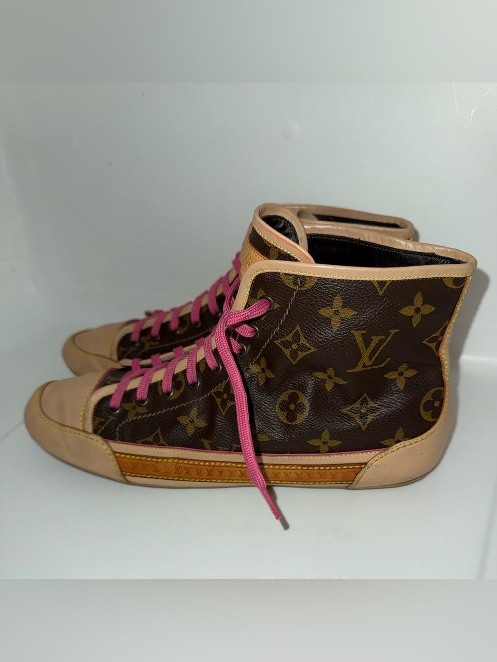 Louis Vuitton Monogram High-Top Sneakers with Pink Laces